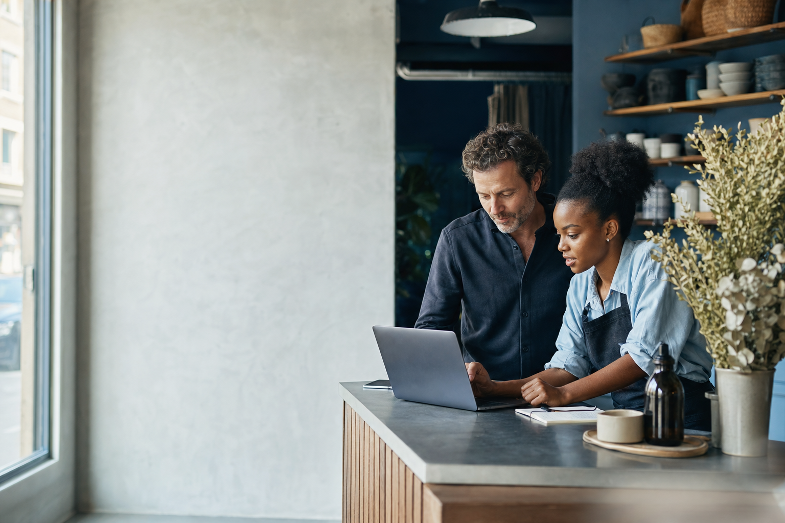Two small-business owners reviewing their new website on a laptop at their café counter